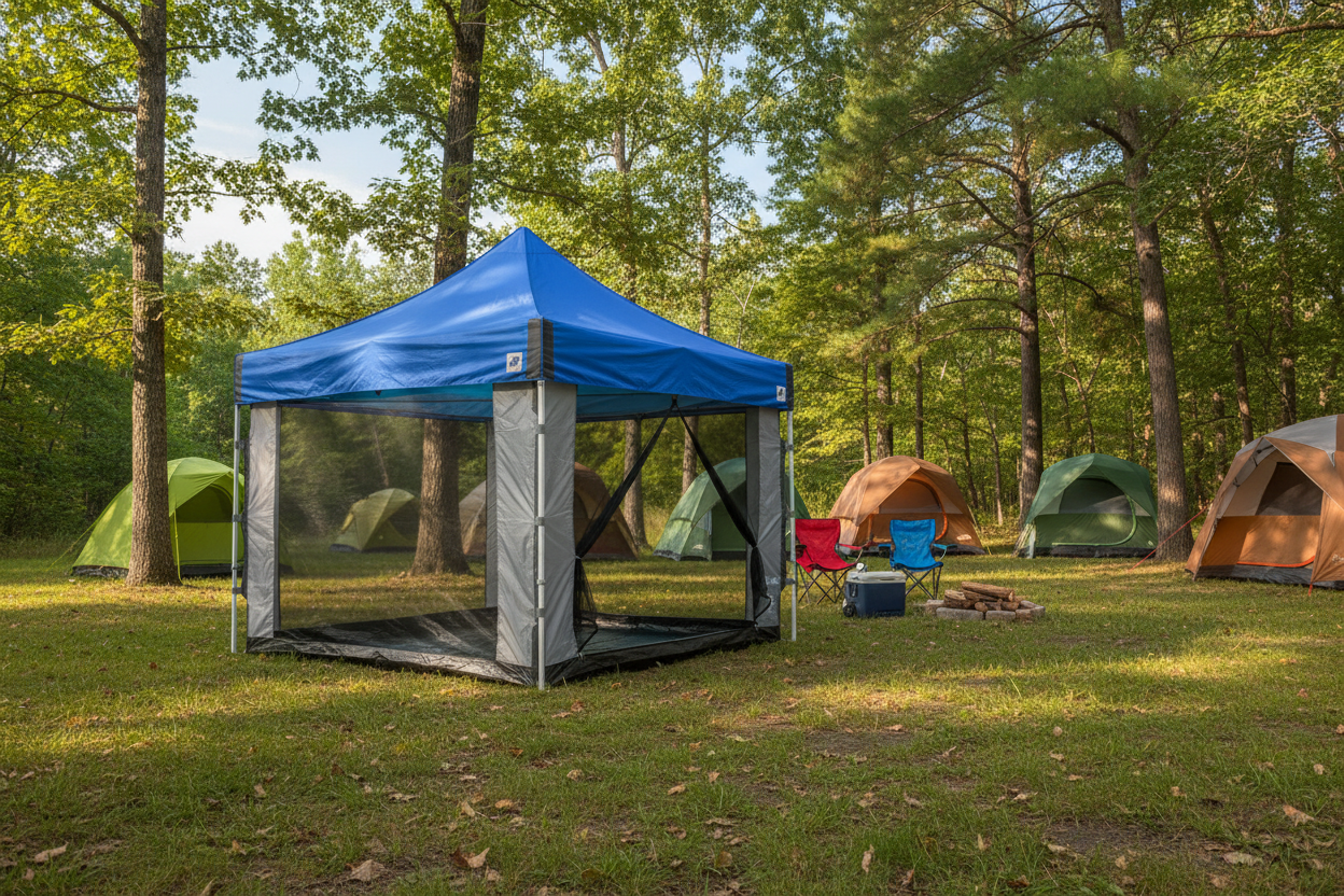 A blue and gray Screen Cube tent with straight legs designed for use with E-Z UP shelters, featuring mesh walls and a closed ceiling, labeled as 'Shelter frame not included'.